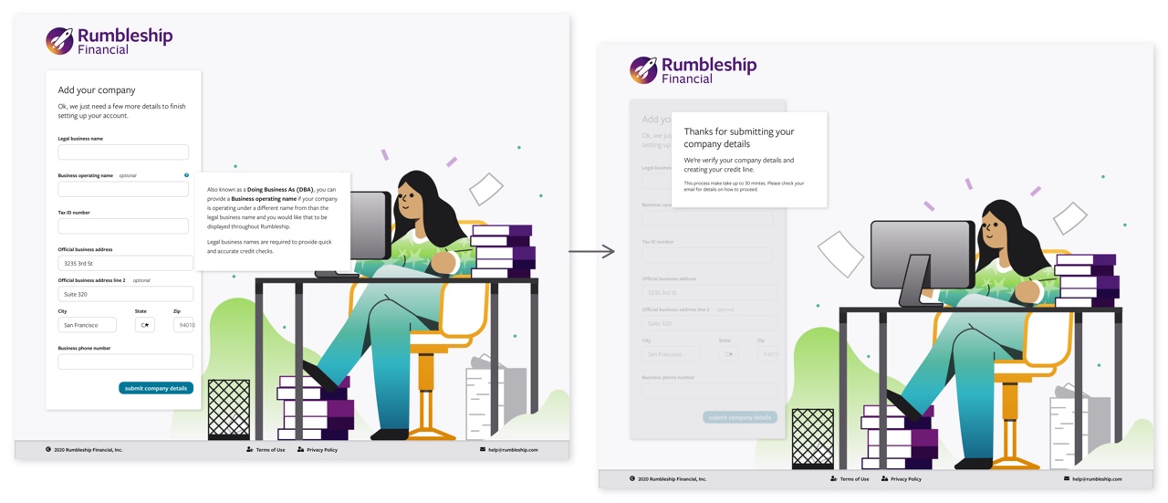 Detail view of the Add your company screen and it's success sha256-CSXorXvZcTkaix6Yvo6HppcZGetbYMGWSFlBw8HfCJo