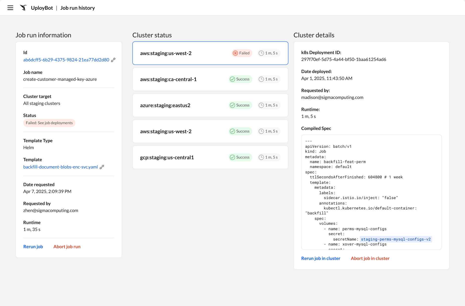 A screenshot of the Job run information screen after I redesigned it