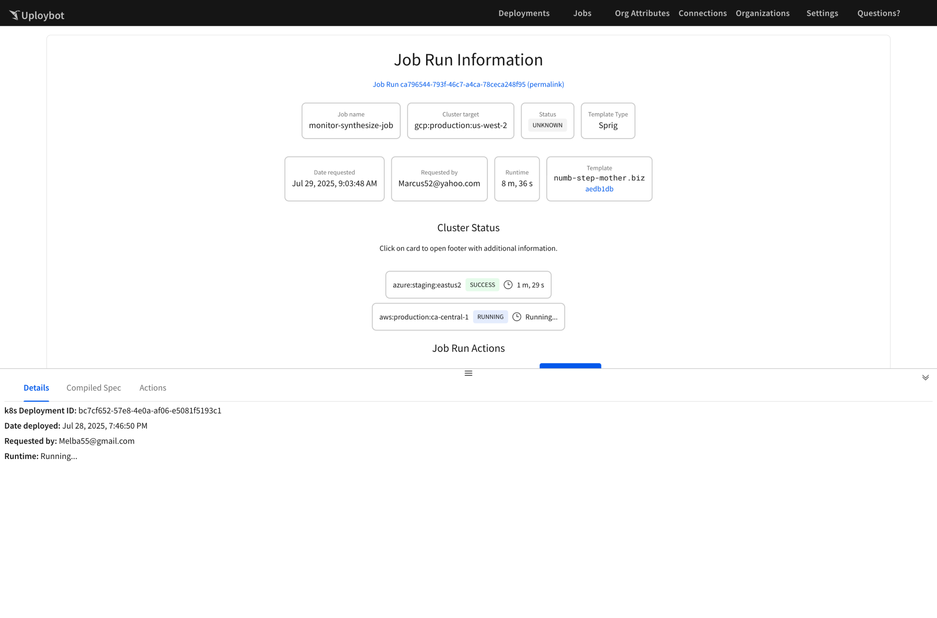 A screenshot of the Job run information screen before I redesigned it